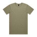 Plain olive green short-sleeve t-shirt laid flat on a white background.