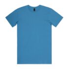 Plain blue short-sleeve t-shirt laid flat on a white background.