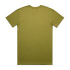 Olive green short-sleeve t-shirt shown flat with the back side facing up.