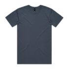Plain dark blue short-sleeve t-shirt laid flat on a white background.