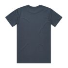 Plain dark blue short-sleeve t-shirt laid flat, showing the back side.