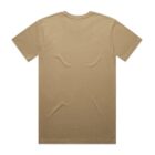 Plain beige t-shirt laid flat with minor wrinkles, viewed from the back.
