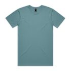 Plain light blue T-shirt laid flat on a white background.