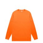 Bright orange long-sleeve crew neck shirt laid flat on a white background.