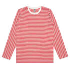 Red and white striped long-sleeve shirt with a white collar, laid flat on a white background.