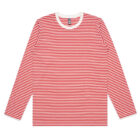 Red and white horizontally striped long-sleeve shirt with a white collar, laid flat.