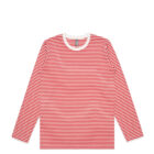 A long-sleeve shirt with red and white horizontal stripes and a white collar.
