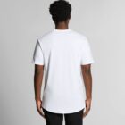 Man wearing a plain white t-shirt and black pants, shown from behind against a gray background.