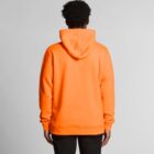 Person wearing a bright orange hoodie facing away against a plain light background.
