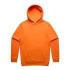 Bright orange hooded sweatshirt with a front pocket, laid flat on a white background.