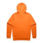 Orange hooded sweatshirt shown from the back on a white background.