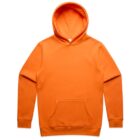 Bright orange hooded sweatshirt with a front pocket, laid flat on a white background.