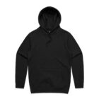 Black hooded sweatshirt with front pocket, laid flat on a white background.