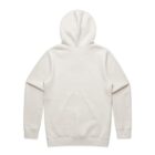 Back view of a plain white hooded sweatshirt with long sleeves on a white background.