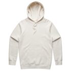 Plain white hooded sweatshirt with front pocket and drawstrings, laid flat on a white background.