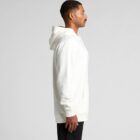 Man in a white hoodie and black pants standing in profile against a plain background.