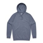 A plain blue hoodie with a front pocket and drawstring hood, laid flat on a white background.