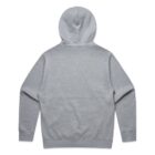 Back view of a plain gray hooded sweatshirt with long sleeves and no visible design.
