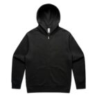 Black zip-up hoodie with front pockets and a hood, laid flat on a white background.