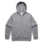 Gray zip-up hoodie with front pockets, displayed flat against a white background.