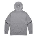 Back view of a plain gray hooded sweatshirt with long sleeves.