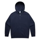Navy blue zip-up hoodie with front pockets, laid flat on a white background.