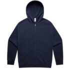 Navy blue zip-up hoodie with front pockets and a hood, laid flat on a white background.