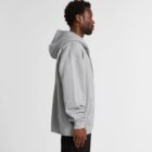 Man in a gray hoodie and black pants standing in profile against a plain white background.