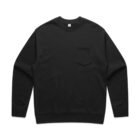 Black crewneck sweatshirt with a chest pocket, laid flat on a white background.