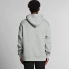 Person wearing a light gray hoodie facing away, standing against a plain background.