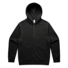 Black hooded sweatshirt with a half-zip front and a kangaroo pocket, laid flat.