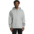 A man wears a gray half-zip hoodie and black pants, standing against a white background.