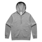 Gray half-zip hoodie with front pocket, laid flat on white background.