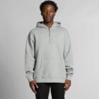 Man wearing a gray pullover hoodie with front pocket, standing against a plain background.