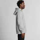 Man in a gray hoodie and black pants standing in profile against a plain background.