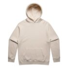 Beige hooded sweatshirt with front pocket laid flat on a white background.