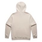 Back view of a plain beige hoodie with long sleeves and a hood.