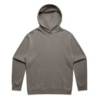 Gray hooded sweatshirt laid flat with front pocket and long sleeves.