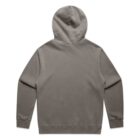 Back view of a plain gray hoodie with a hood and long sleeves.