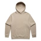 Beige hooded sweatshirt with front pocket, laid flat on a white background.