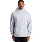 Man wearing a light gray hoodie with hands at sides, standing against a white background.
