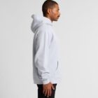 Man in a light gray hoodie and black pants standing in profile against a plain background.