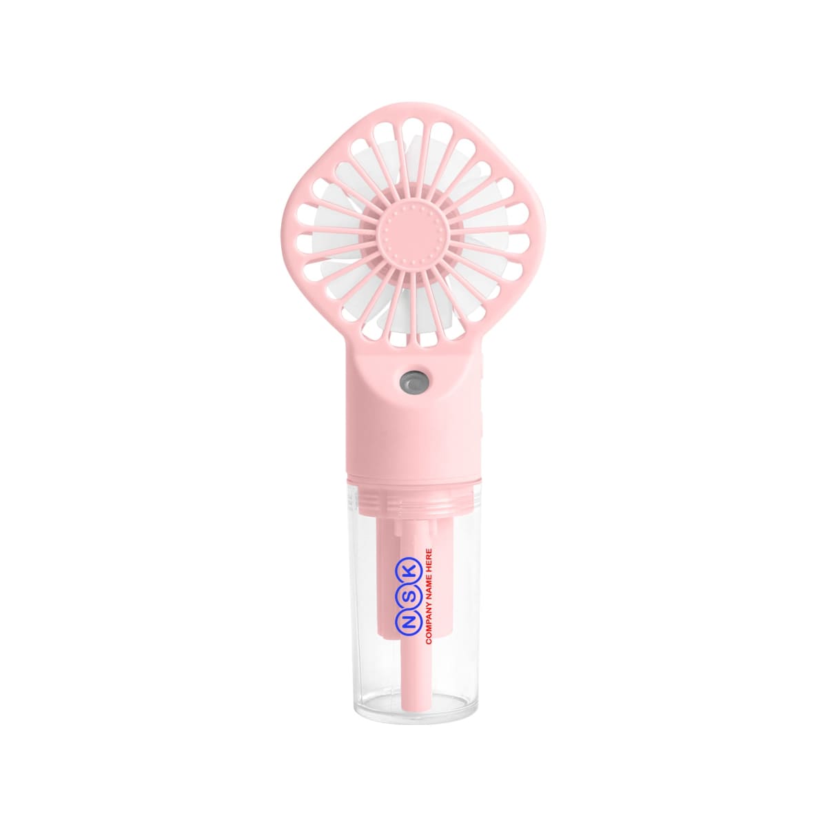 A pink handheld mini fan with a clear base and a pink central button. The base has NSK and COOL MIST SPRAY MINI FAN printed in blue and red. The fan has a circular grill with a flower-like design.