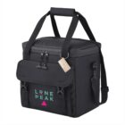 Black insulated cooler bag with LONE PEAK logo and carrying straps on white background.