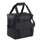 Black insulated soft cooler bag with top handle, front pocket, and buckle closures.
