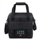 Black cooler bag with Lone Peak logo in teal and pink on the front pocket.