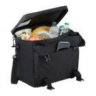 Black cooler bag open, filled with food, water bottles, and a phone in the front pocket.