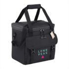 Black soft-sided cooler bag with handles and Lone Peak logo on the front pocket.