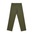 Olive green pants shown from the back with two welt pockets and belt loops.