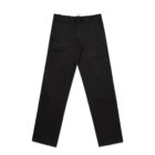 Black straight-leg pants laid flat on a white background.